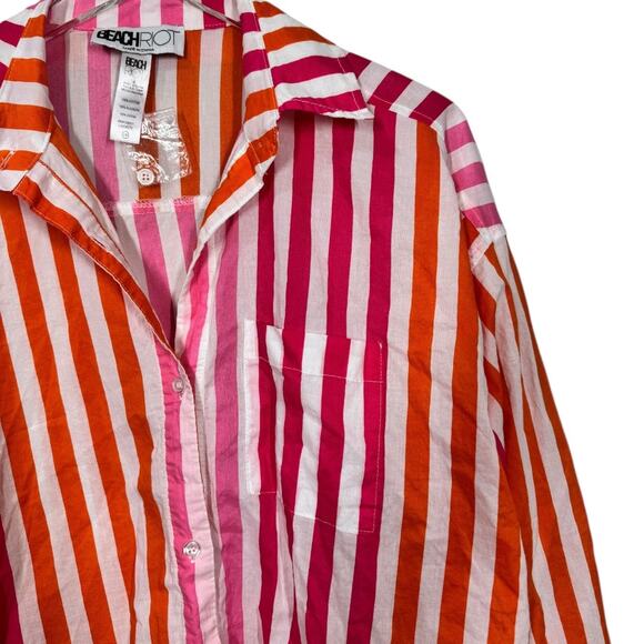 Beach Riot Alexa Striped Cover Up Top S/M Pink Orange Button Down Tunic Cotton - Picture 3 of 5
